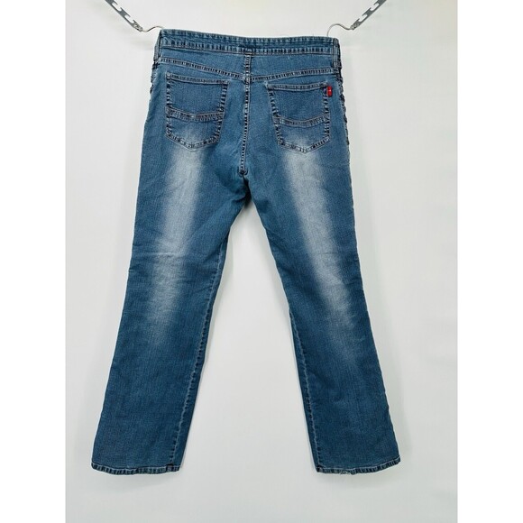 Vtg Y2K Low Waist Flare Jeans Womens 15x32 Medium Wash Stretch Pockets stretchy - Picture 4 of 11